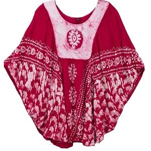 Jackpot Kaftan Womens One Size Red & White Batik Batwing Sleeve Embroidered Boho